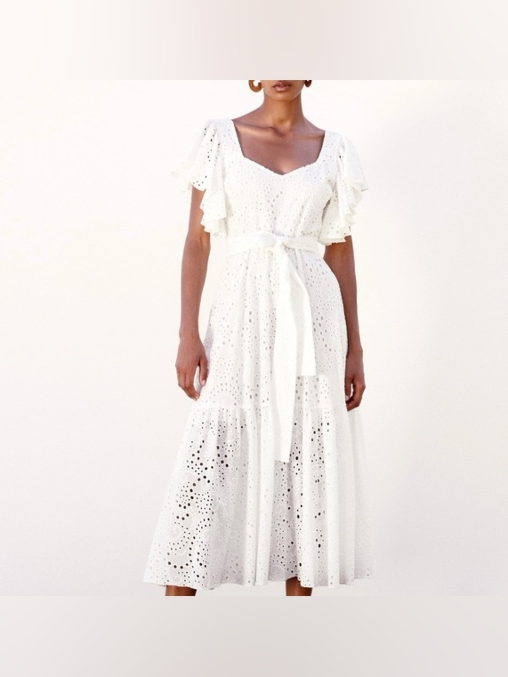 Zara White Eyelet Maxi Dress with Tie Waist